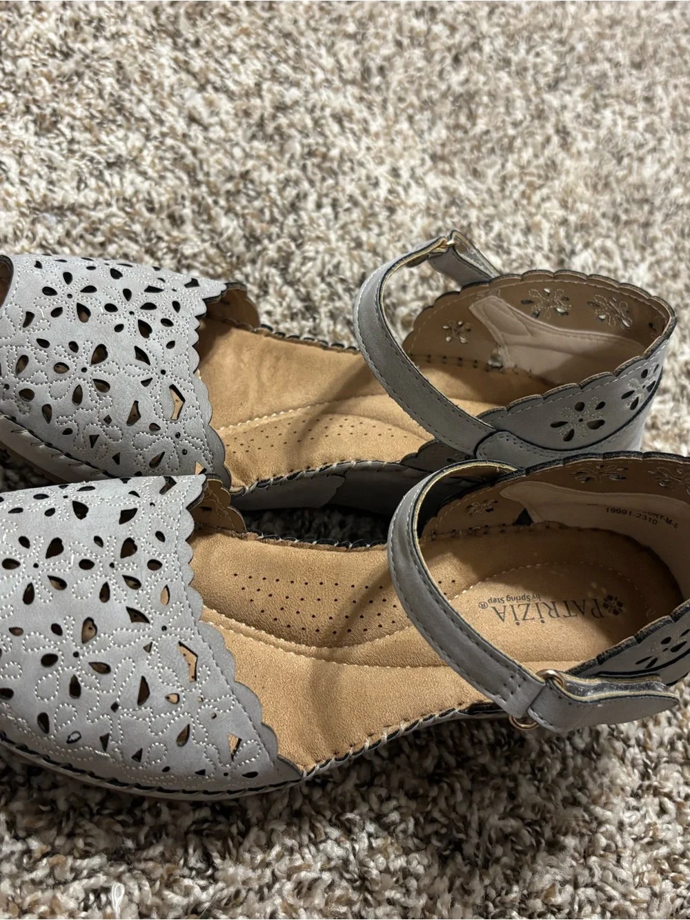 Patrizia Khaki Leather Cut-Out Floral Ankle Strap Buckle Wedge Sandals US 8 NWOT